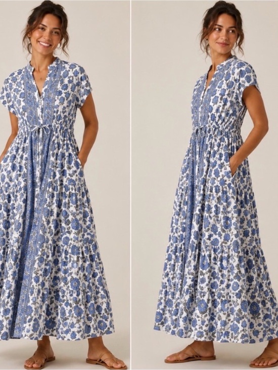 Victoria Dunn Dresses & Skirts - Victoria Dunn Blue Floral Block Print Cotton Midi Dress Made in India | M